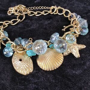 Silver Tone Blue Beads 18 inch Lobster Clasp Beach Seashell Beaded Necklace